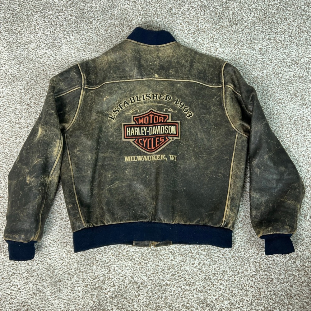 Vtg Harley Davidson Jacket Men Large Brown Distressed Biker Embroidered Leather
